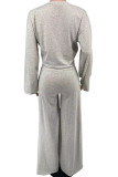 Grey Casual Solid Patchwork Slit O Neck Long Sleeve Two Pieces
