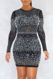 Black Fashion Sexy Patchwork Hot Drill O Neck Long Sleeve Dresses