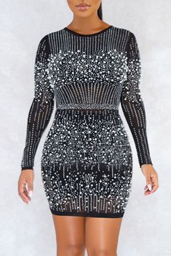 Black Fashion Sexy Patchwork Hot Drill O Neck Long Sleeve Dresses