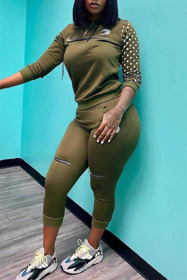 Army Green Fashion Casual Print Patchwork Hooded Collar Long Sleeve Two Pieces