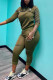 Army Green Fashion Casual Print Patchwork Hooded Collar Long Sleeve Two Pieces