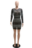 Black Fashion Sexy Patchwork Hot Drill O Neck Long Sleeve Dresses
