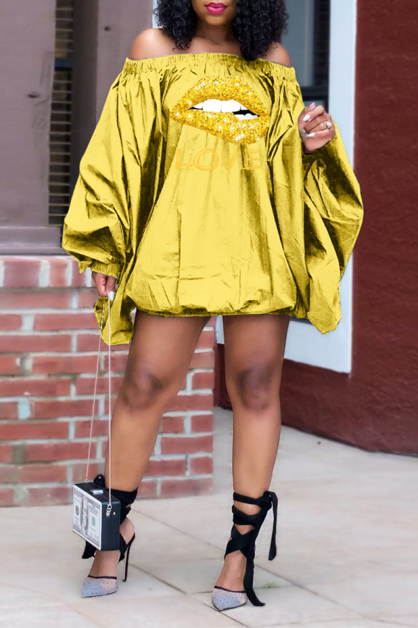 Yellow Street Print Patchwork Off the Shoulder Lantern Dress Dresses