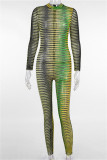 Green Fashion Sexy Print See-through O Neck Skinny Jumpsuits