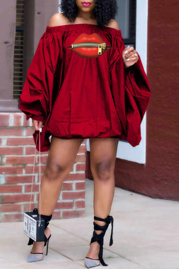 Red Street Print Patchwork Off the Shoulder Lantern Dress Dresses
