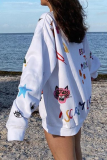 White Sweet Print Patchwork O Neck Tops