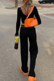 Black Casual Solid Patchwork Frenulum U Neck Long Sleeve Two Pieces