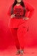 Red Fashion Casual Letter Print Basic V Neck Plus Size Two Pieces