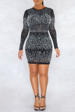 Black Fashion Sexy Patchwork Hot Drill O Neck Long Sleeve Dresses