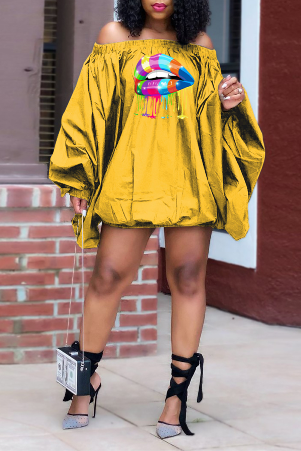 Yellow Casual Print Patchwork Off the Shoulder Lantern Dress Dresses
