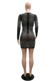 Black Fashion Sexy Patchwork Hot Drill O Neck Long Sleeve Dresses
