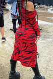 Red Sexy Print Patchwork Slit Zipper Half A Turtleneck Straight Dresses