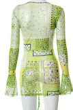 Blue Sexy Print Patchwork Fold V Neck Pencil Skirt Dresses
