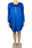 Blue Casual Print Split Joint U Neck Long Sleeve Plus Size Dresses