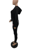 Black Casual Print Patchwork Hooded Collar Long Sleeve Two Pieces