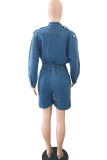 Dark Blue Street Solid Patchwork Buttons Turn-back Collar Straight Jumpsuits