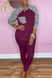 Red Casual Print Leopard Patchwork O Neck Long Sleeve Two Pieces