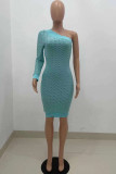Sky Blue Fashion Sexy Solid Split Joint One Shoulder One Step Skirt Dresses