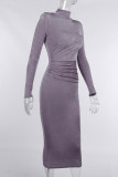 Purple Fashion Solid Basic Turtleneck Long Sleeve Dresses