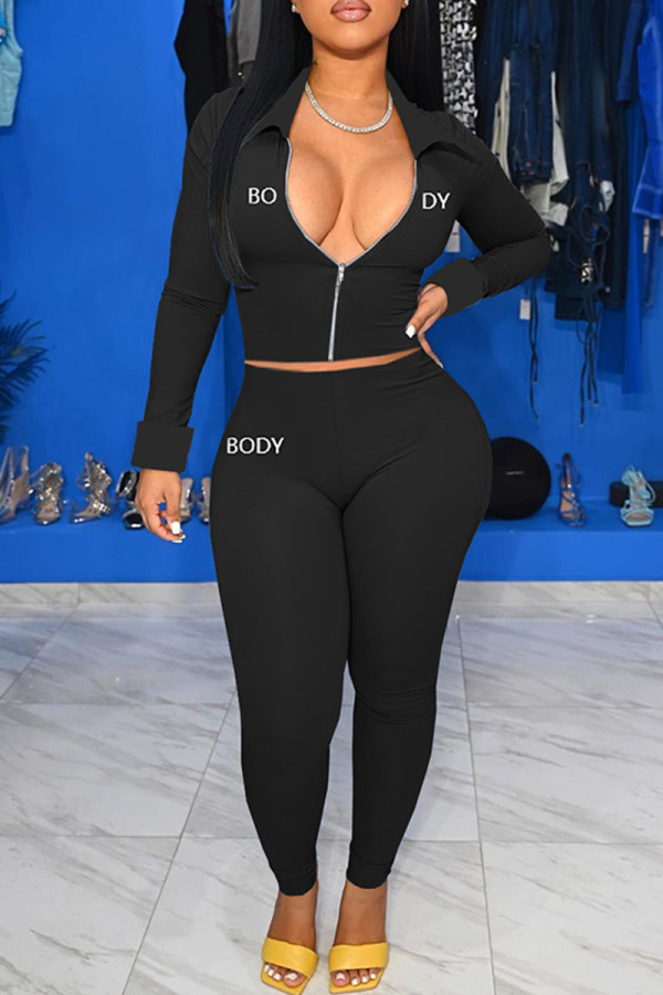 Black Fashion Casual Letter Embroidery Solid Color Zipper Collar Long Sleeve Two Pieces