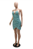 Pink Sexy Patchwork Sequins Chains Backless V Neck Sling Dress