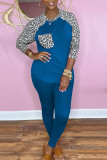Red Casual Print Leopard Patchwork O Neck Long Sleeve Two Pieces