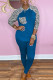 Blue Casual Print Leopard Patchwork O Neck Long Sleeve Two Pieces
