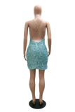 Pink Sexy Patchwork Sequins Chains Backless V Neck Sling Dress