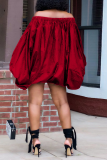 Red Street Print Patchwork Off the Shoulder Lantern Dress Dresses