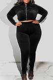 Black Casual Solid Split Joint Zipper Collar Plus Size Two Pieces