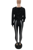 Black Casual Print Patchwork Hooded Collar Long Sleeve Two Pieces