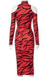 Red Sexy Print Patchwork Slit Zipper Half A Turtleneck Straight Dresses