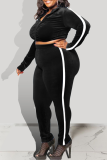 Black Casual Solid Split Joint Zipper Collar Plus Size Two Pieces