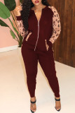 Black Casual Print Leopard Patchwork Zipper Zipper Collar Long Sleeve Two Pieces