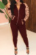 Burgundy Casual Print Leopard Patchwork Zipper Zipper Collar Long Sleeve Two Pieces