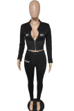 Red Fashion Casual Letter Embroidery Solid Color Zipper Collar Long Sleeve Two Pieces