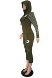 Army Green Fashion Casual Print Patchwork Hooded Collar Long Sleeve Two Pieces