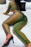 Green Fashion Sexy Print See-through O Neck Long Sleeve Two Pieces