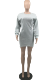 Grey Casual Solid Patchwork O Neck Pencil Skirt Dresses