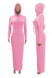 Pink Street Solid Hooded Collar Long Sleeve Mid Calf Dresses