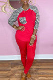 Red Casual Print Leopard Patchwork O Neck Long Sleeve Two Pieces