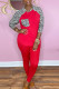 Red Casual Print Leopard Patchwork O Neck Long Sleeve Two Pieces