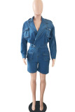 Dark Blue Street Solid Patchwork Buttons Turn-back Collar Straight Jumpsuits