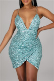 Pink Sexy Patchwork Sequins Chains Backless V Neck Sling Dress