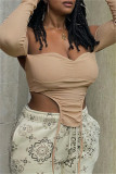 Khaki Sexy Casual Solid Backless Asymmetrical Off the Shoulder Tops
