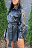Black Fashion Casual Solid With Belt Turndown Collar Outerwear