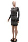 Black Fashion Sexy Patchwork Hot Drill O Neck Long Sleeve Dresses