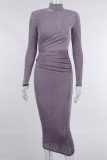Purple Fashion Solid Basic Turtleneck Long Sleeve Dresses