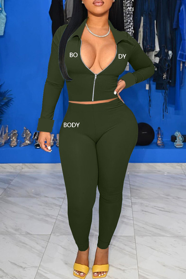 Army Green Fashion Casual Letter Embroidery Solid Color Zipper Collar Long Sleeve Two Pieces