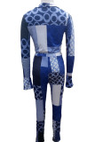 Blue Casual Print Patchwork V Neck Regular Jumpsuits